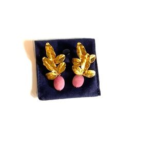 Gold plated leaf earrings with dusty rose drop